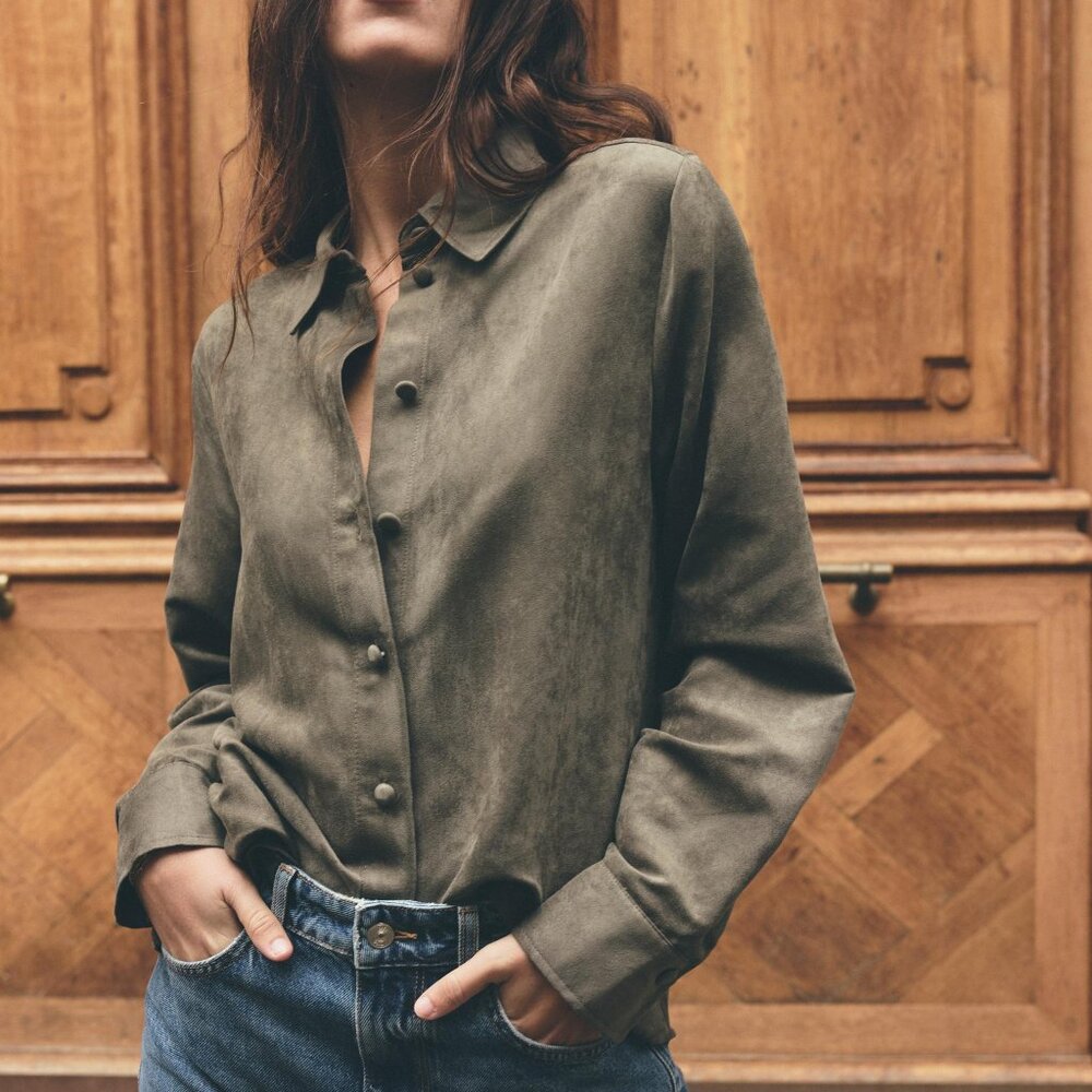 Zara Faux Suede Olive Casual Button Down Shirt